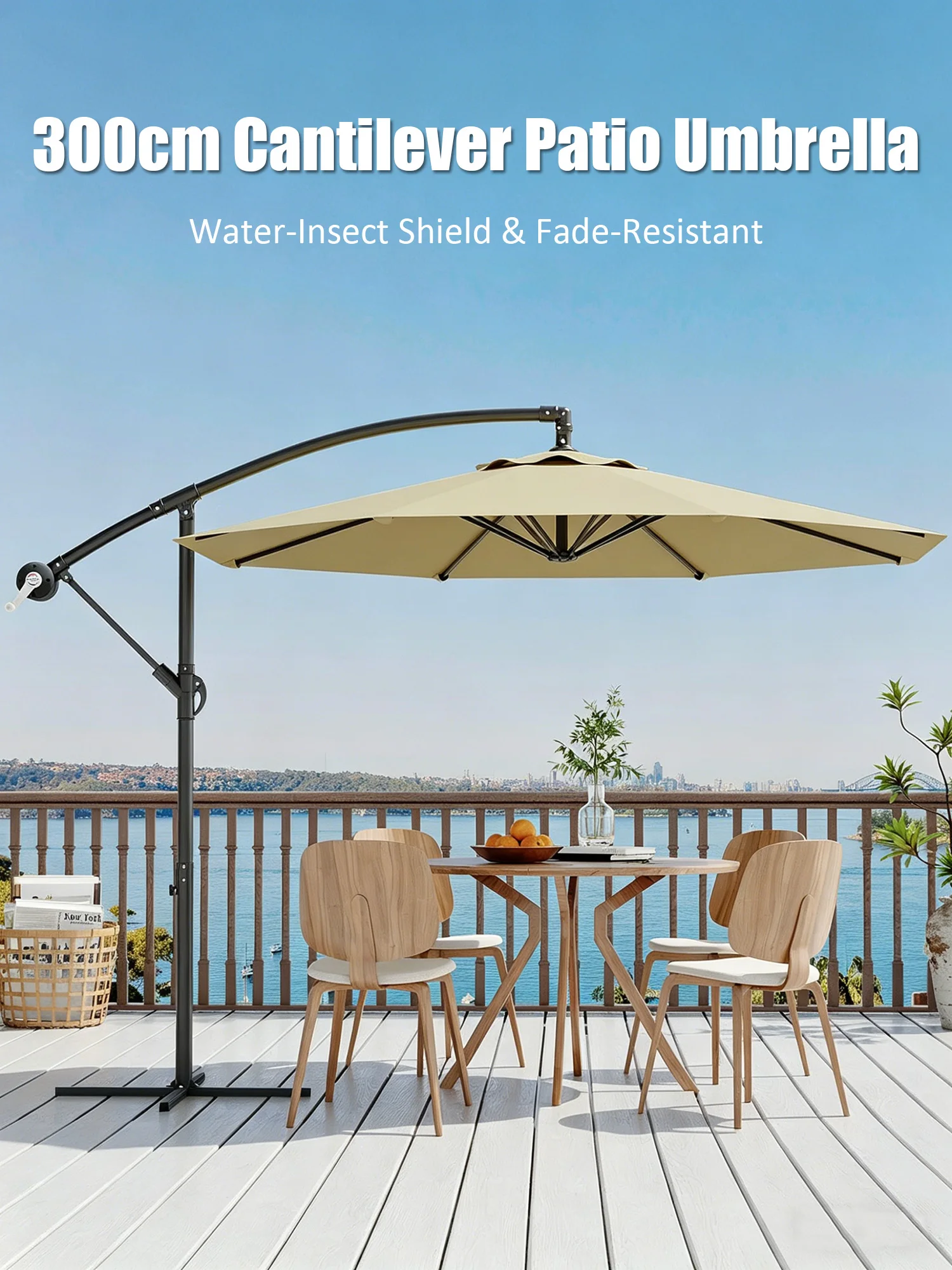 300cm Freiarm-Sonnenschirm 360 ° Drehbarer Kurbel- und Neigungsmechanismus UV-Schutz-Sonnenschirm mit Standfuß für Terrasse, Garten, Pool Image