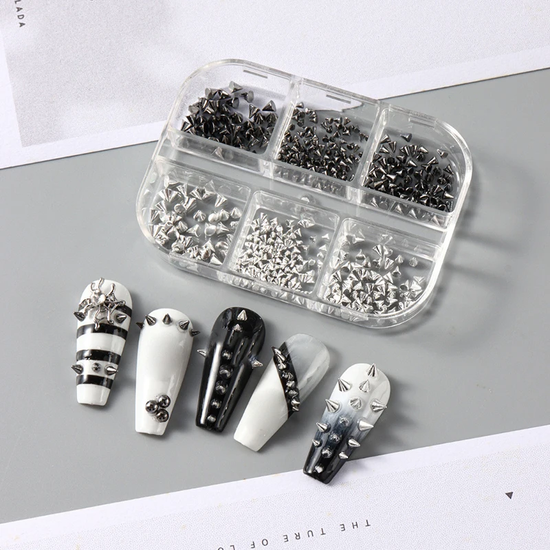 6er-Set Y2K Punk Metall Nieten in verschiedenen Größen, schwarz-silberne Kegel-Nagelcharms, 3D stylische Legierungs-Spikes für DIY Nageldekoration