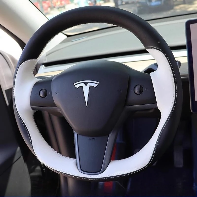 Handgenähter schwarz-weißer Lenkradbezug aus echtem Leder im Sportstil, 100 % passend für Tesla Model Y/3 2017–2020 Image