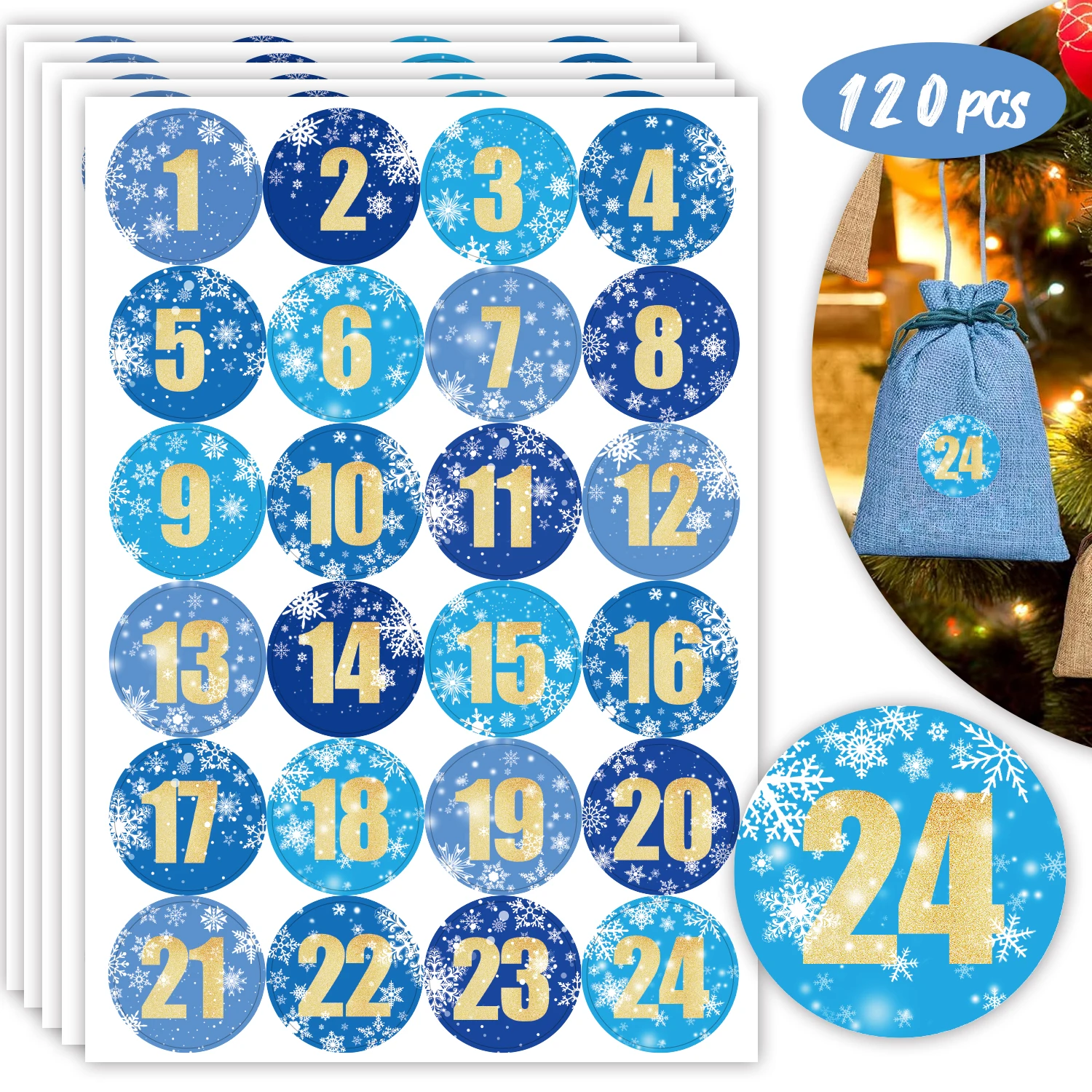 120 Stück Weihnachts-Countdown-Kalender, digitale Aufkleber, blaue Schneeflocke, Gold, digitale Muster, 1–24 kreisförmige Etikettenaufkleber, geeignet Image