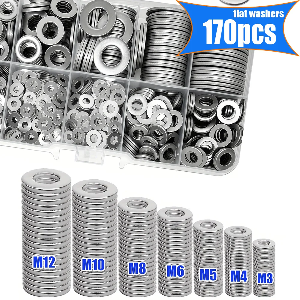 170-teiliges Set aus Edelstahl-Unterlegscheiben der Größen M3, M4, M5, M6, M8, M10 und M12 für die Wartung von Häusern, Werkstätten und im Außenbereich.