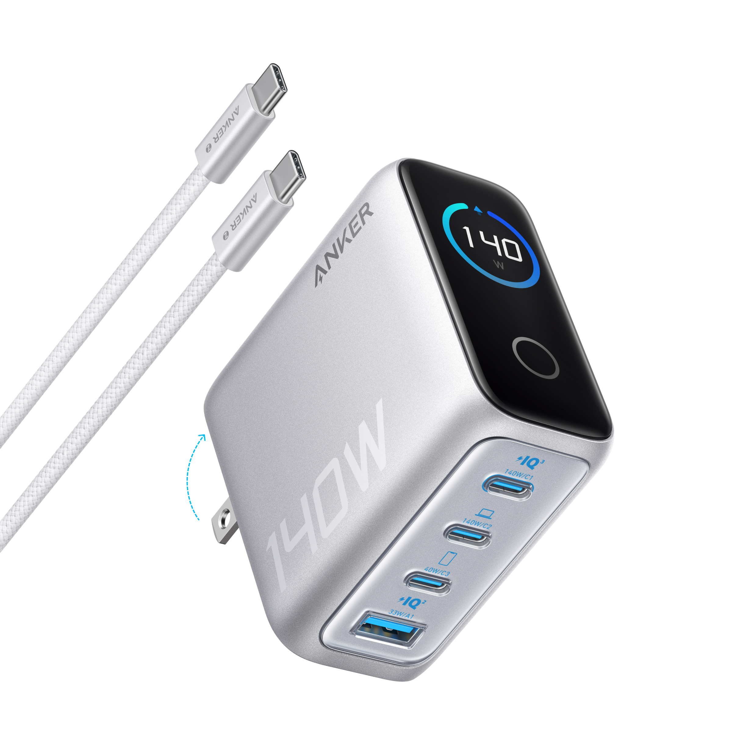 Anker Charger (140W, 4-Port, PD 3.1) with USB-C Cable Silver