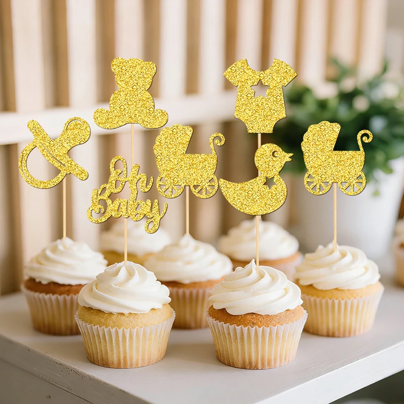 YOMDID 24 Stück Baby-Shower-Cupcake-Topper, glitzernde Schnuller-, Enten-, Kleidungs- und Kinderwagen-Kuchenaufsätze für Baby-Shower-Party-Dekorationen Image