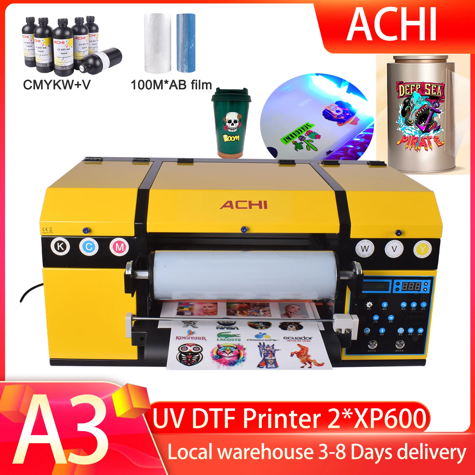 ACHI A3 UV DTF Drucker XP600 2-in-1 Laminierdrucker AB-Film Kristallaufkleber Wasserdicht Staubdicht Geprägt für Becherummantelung Glas Image
