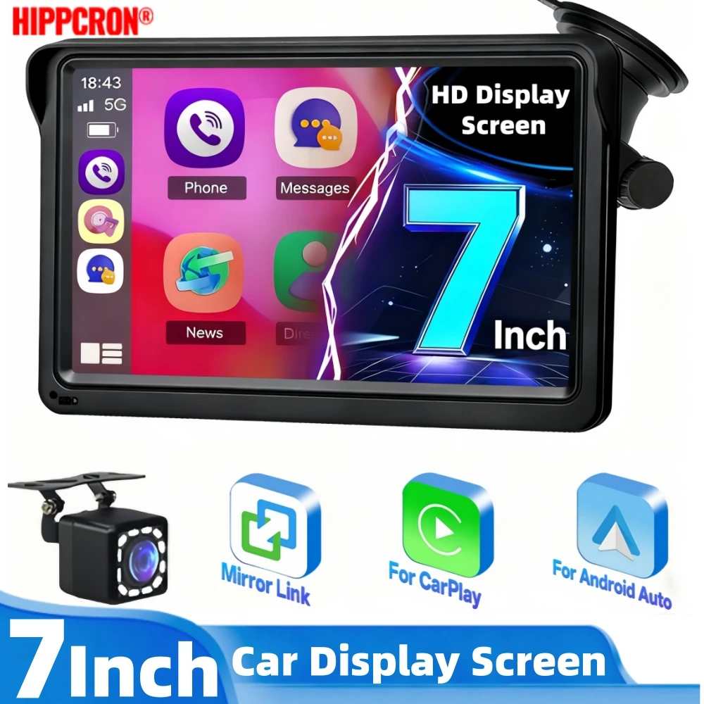HIPPCRON 7 Zoll Auto-Multimediaplayer HD-Display für CarPlay Android Auto Autoradio Tragbarer Touchscreen Kabellos Mit Kamera Image