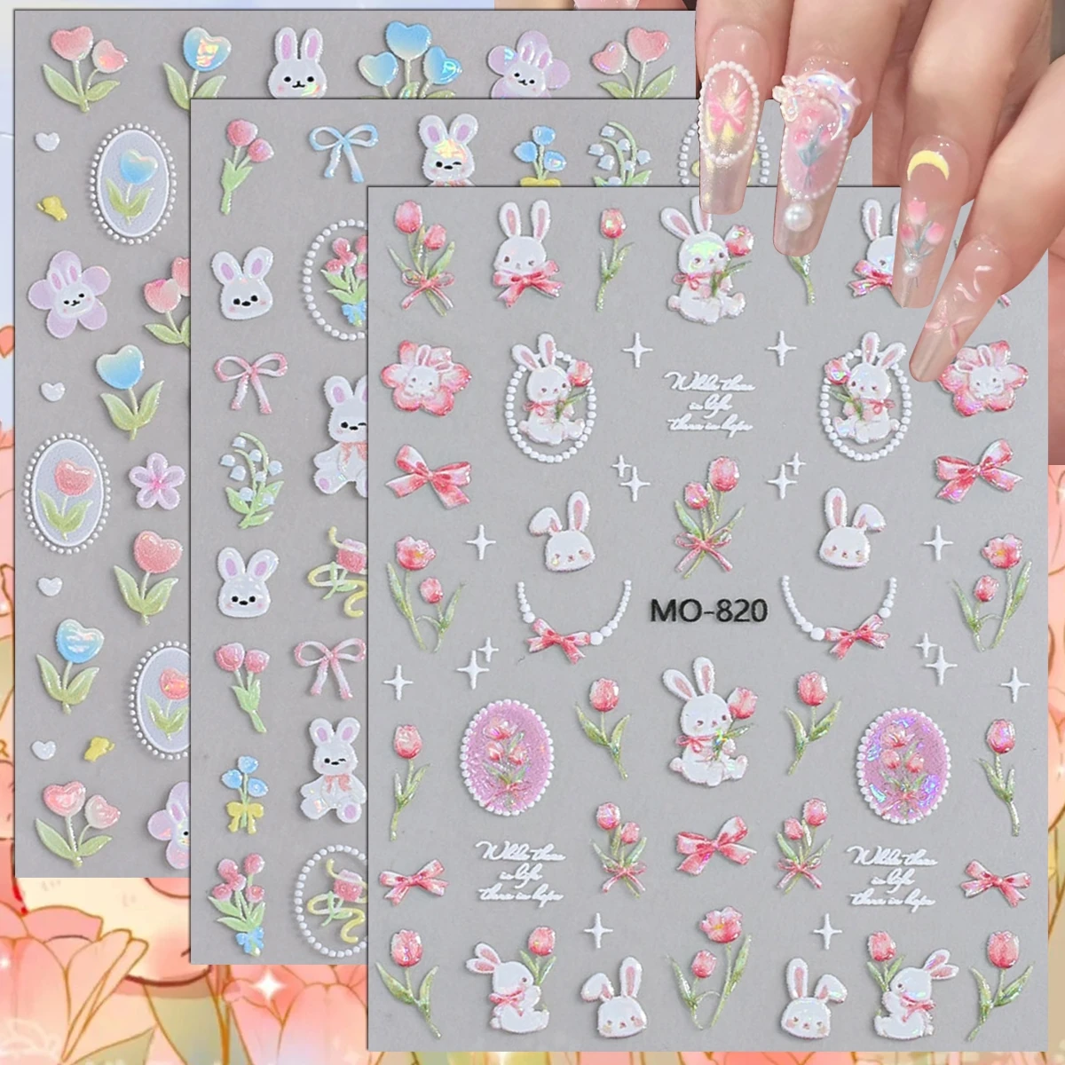 3 bis 12 Blatt 5D Rosa Hasen-Tulpen-Nagelaufkleber, Selbstklebende Blumen-Nagelsticker, Niedliche Frühlings-Maniküre Image