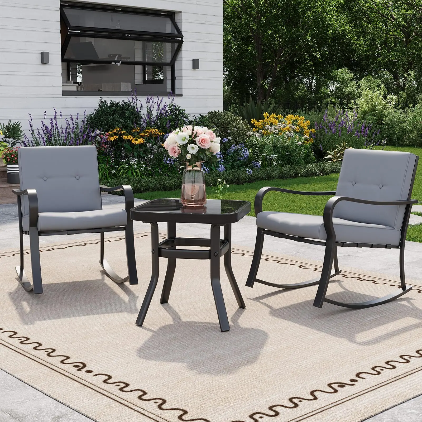 3-teiliges Garten-Bistro-Set, 2 Schaukelstühle mit Kissen und Glastisch, Terrassenmöbel-Set für Balkon und Garten
