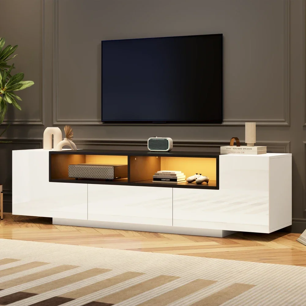 180*40*48cm Hochglanz Weißer TV-Schrank, Lowboard mit LED-Beleuchtung und Schubladen, Wohnzimmerschrank, TV-Ständer, für 75 Zoll Fernseher