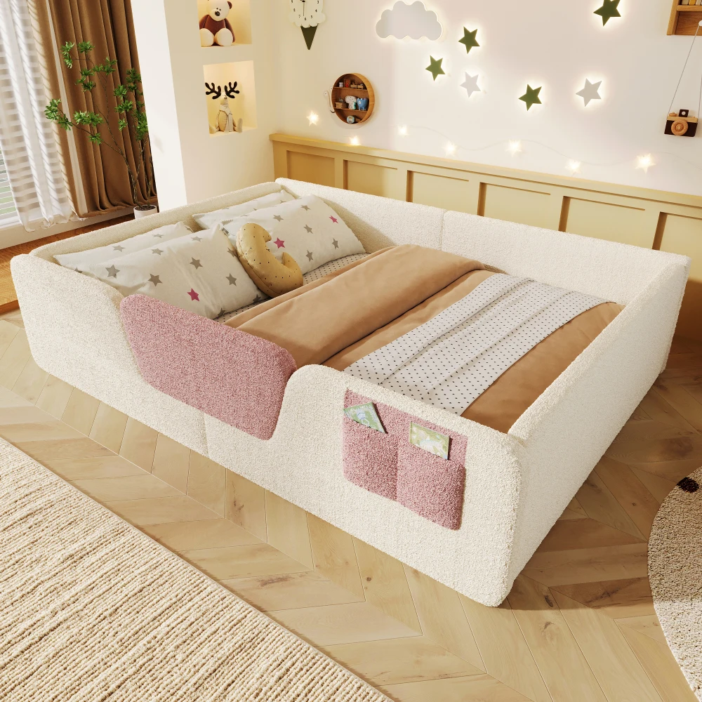 Mit Samt gepolstertes Kinderbett 140×190 cm (ohne Matratze), abnehmbares Sicherheitsgeländer und integrierter Stoffbeutel zur Aufbewahrung, Kinderbett