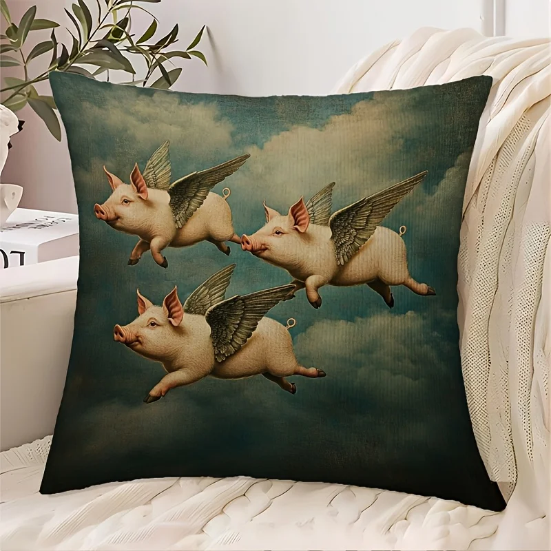 1 Stück lustiger Kissenbezug mit fliegenden Schweinen, 2D doppelseitiger Polyester-Kissenbezug, Vintage-Meme-Deko-Kissenbezug, Geschenk für Meme-Liebhaber Image