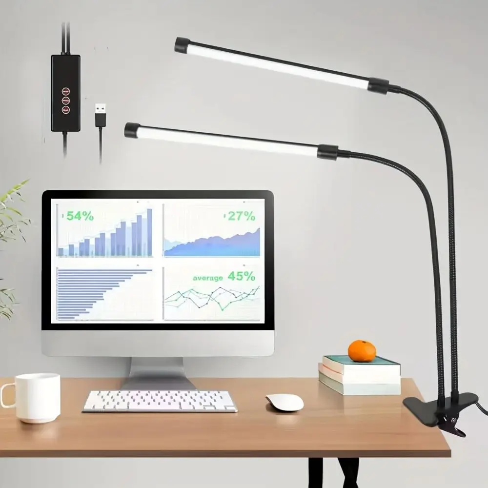 Doppelkopf-Schreibtischlampe zum Aufstecken, zum Aufstecken, für die Augenpflege, mit Timer-Funktion, Leselampe, dimmbar, für Büro-Leselampen