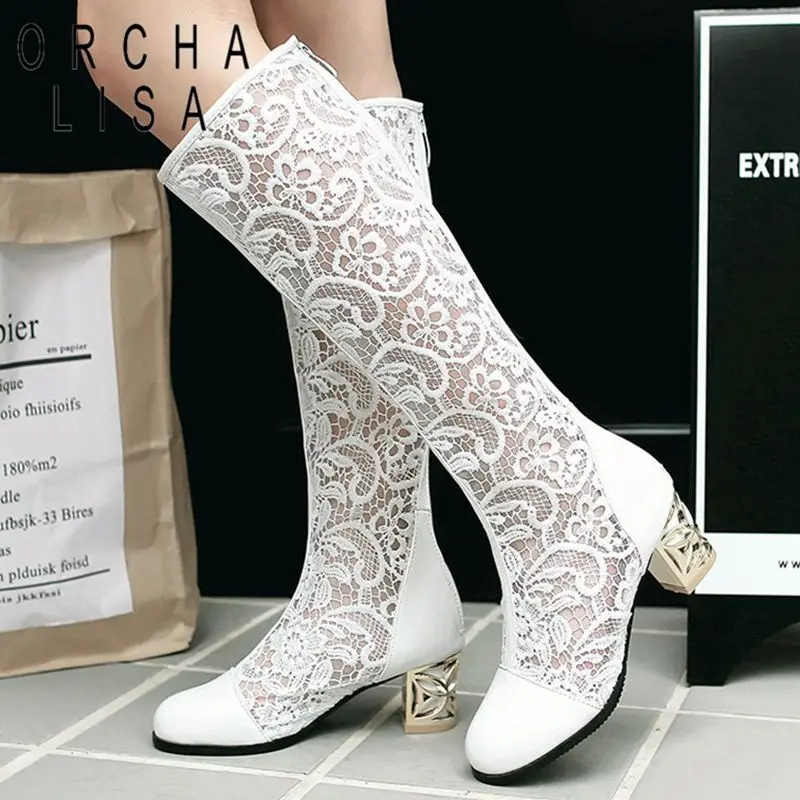ORCHA LISA Frühling Sommer Stiefel Schuhe Frauen Med Heels Knie Blume Spitze Weibliche Zipper Glitter Sexy Weiß BiG Größe 43, 44 45
