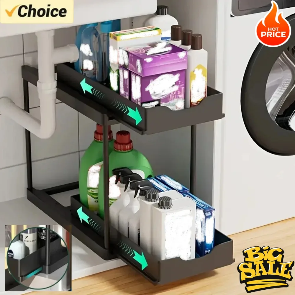 Neuer 2-stufiger Unterschrank-Organizer, Ausziehbares Gleitregal, Multifunktionsregal für Küche und Bad, Platzsparender Schrank-Organizer