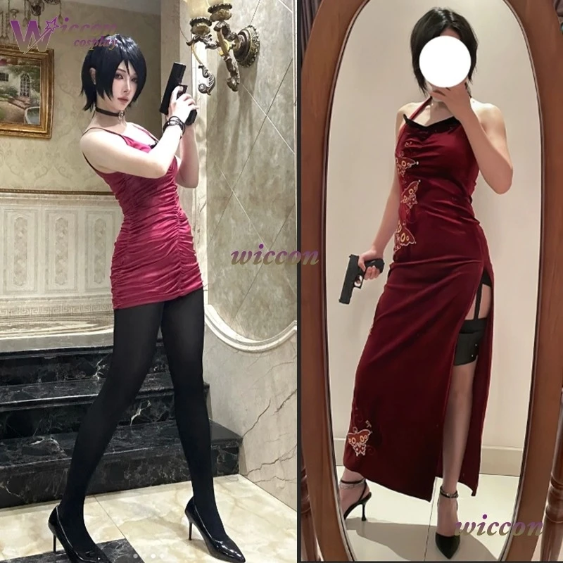 jagz/d Female Resident 4 Ada Wong Cosplay Kostüm Böses Cheongsam-Kleid Rote Ada-Perücke Schuhe Halloween Karneval Anzug Damen Mädchen