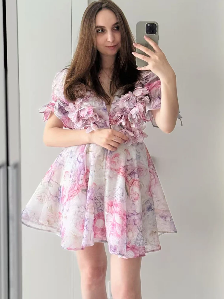 FSMG Süßes Rosa 3D-Blumen-Kleid mit Großen Puffärmeln und V-Ausschnitt, Modischer Französischer Stil, Hohe Taille, A-Linie, Sexy Kurzer Rock, Abendkleid