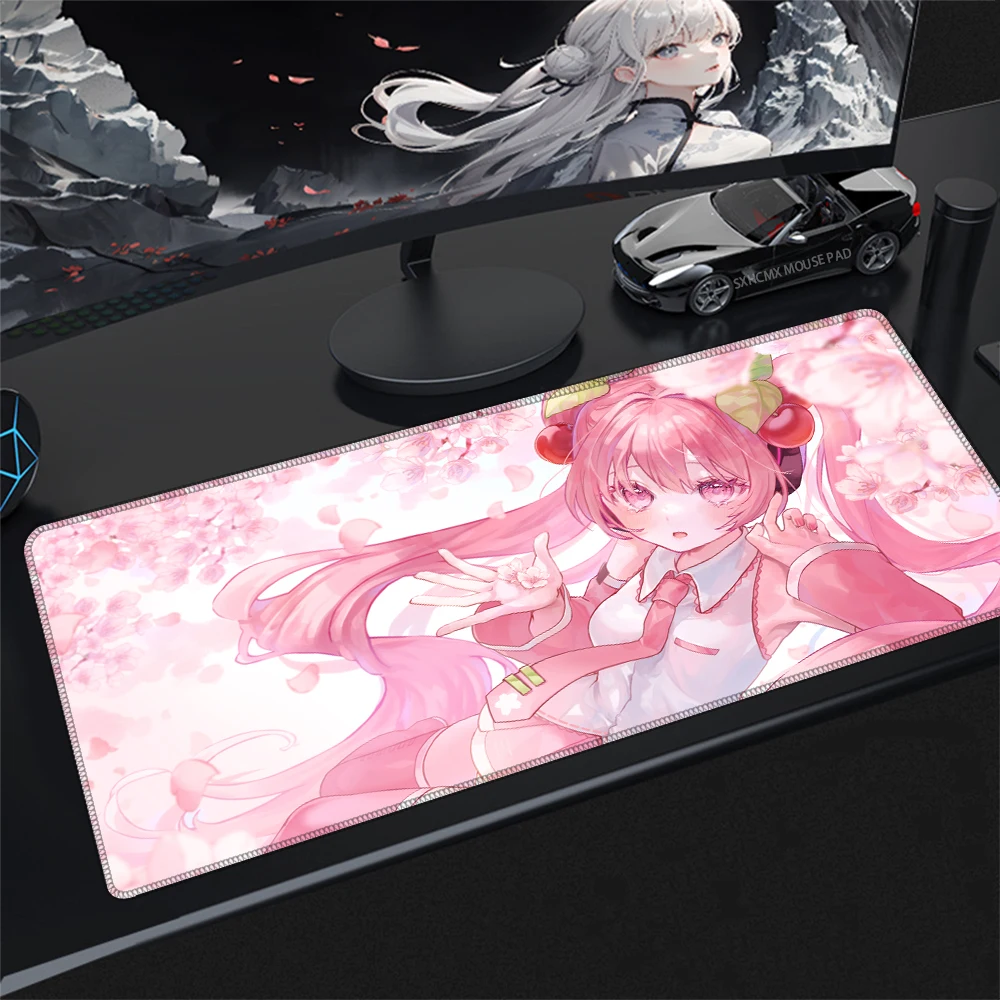 Kawaii Anime H-Hatsune M-Miku Pink Sakura großes Gaming-Mauspad, niedliche Mädchen-Tastatur-Schreibtischunterlage für Laptop, PC, Gamer, Desktop-Dekoration Image