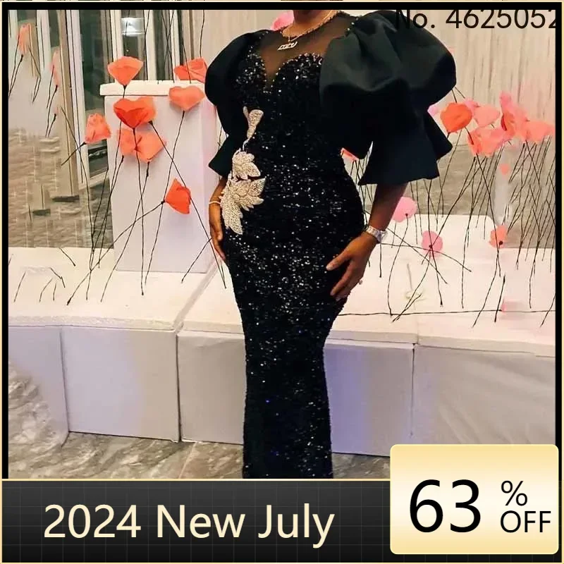 Maßgeschneiderte lange schwarze Kleider, Samt-Pailletten, bestickte Brust, umwickeltes Kleid mit Puffärmeln, edles Damen-Frühlings-Herbst-Party-Celebri Image