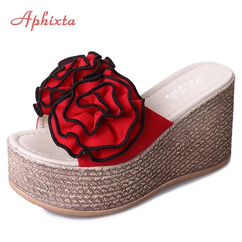 Aphixta 9cm Plattform Keil Hausschuhe Frauen Schuhe Clog Riband Rose Blumen Sandalen Mädchen Flip-Flop Folien Pantoufle Femme