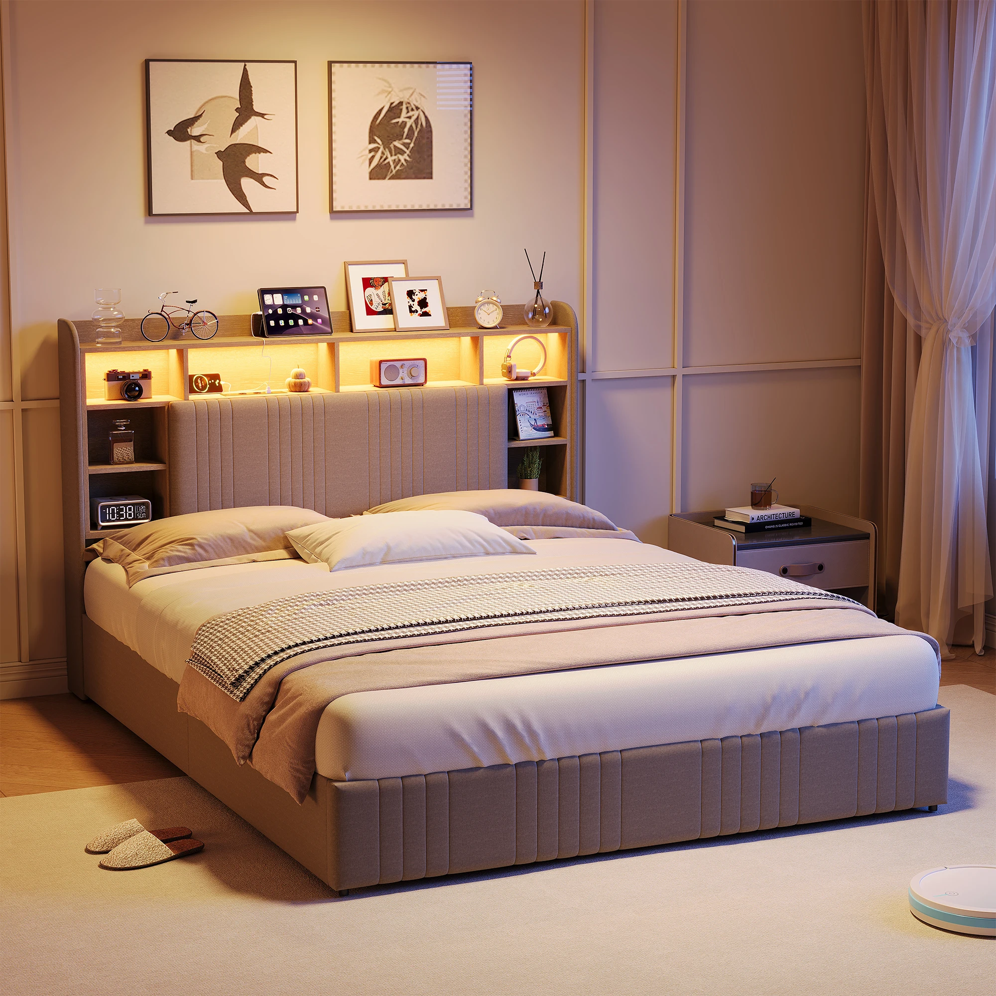 160*200 cm großes Doppelbett mit Stauraumfunktion, Jugendbett, mit vier Schubladen, LED-Beleuchtung, Ladeanschluss und Leinenkissen. Image