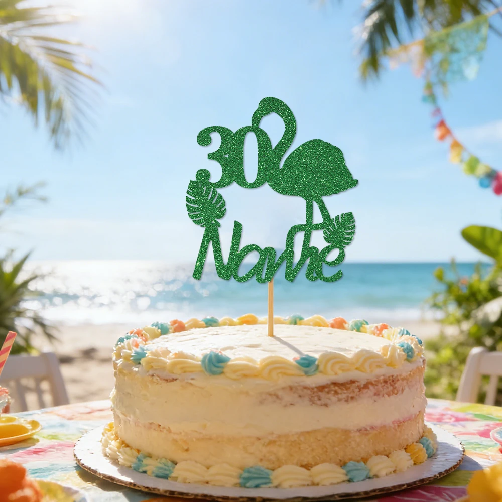 1 Stück Personalisierter Flamingo Geburtstagstorten-Topper Kuchendekoration für Tropische Hawaiianische Luau-Geburtstagsfeier Image