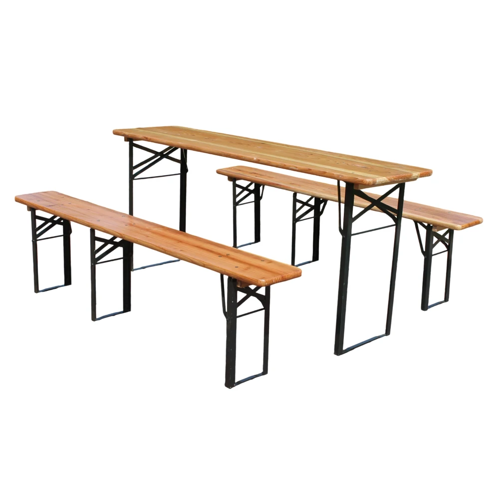 Klappbares Bierzelt-Set 177 cm, 3-teilig: 1 Klapptisch + 2 Bierbänke, Wetterfestes Kiefernholz, Platzsparend, Biertisch-Set