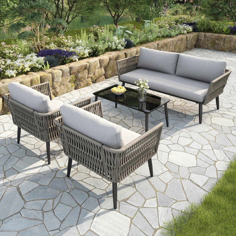 Garten-Lounge-Set 2-Sitzer-Sofa 2 Sessel Couchtisch Geflochtenes PE-Seil Schwarze Glasplatte Verzinkter Stahl Outdoor-Terrasse