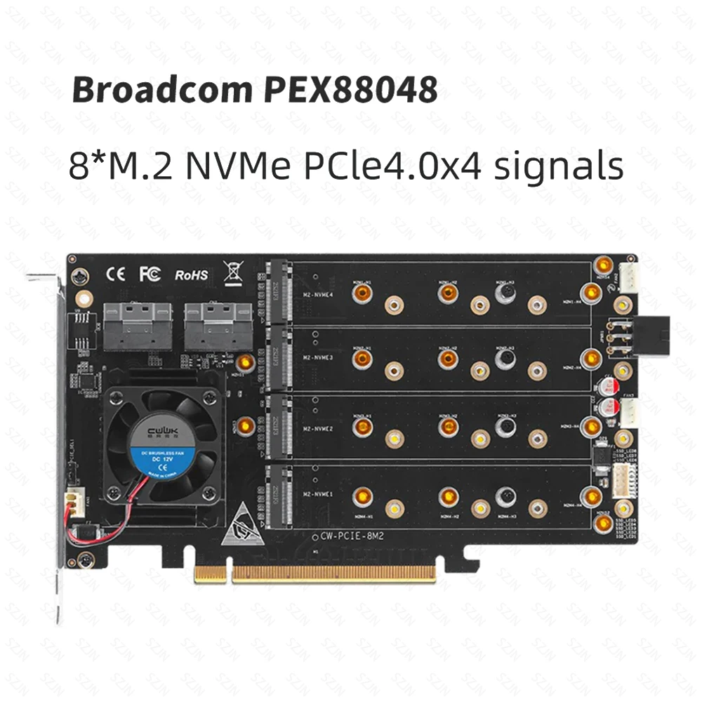P ‌ CIE zu 8-Bay NVMe-Erweiterungskarte PEX88048 PCIe 4.0 Controller Dual SFF-8654 Ports 8 M.2 NVMe-Steckplätze Kein Treiber erforderlich