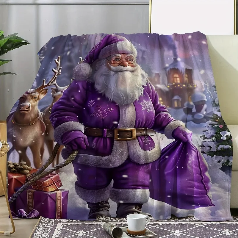 Gemütliche Flanelldecke mit Retro-Weihnachtsmann- und Rentier-Aufdruck – weiche, warme, violette Weihnachts-Tagesdecke für die ganze Saison, Couch, Bett, Reisen Image