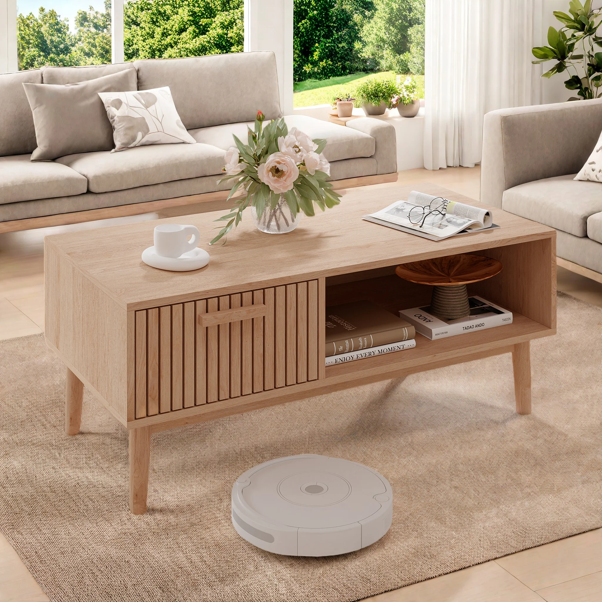 Rattan Couchtisch 100 x 50 x 43 cm, Wohnzimmertisch mit Schublade und Ablage, TV Lowboard Fernsehschrank, Retro Boho Stil, Beistelltisch für Wohnzimmer, Schlafzimmer, Balkon, Holzfarbe, Sofatisch mit