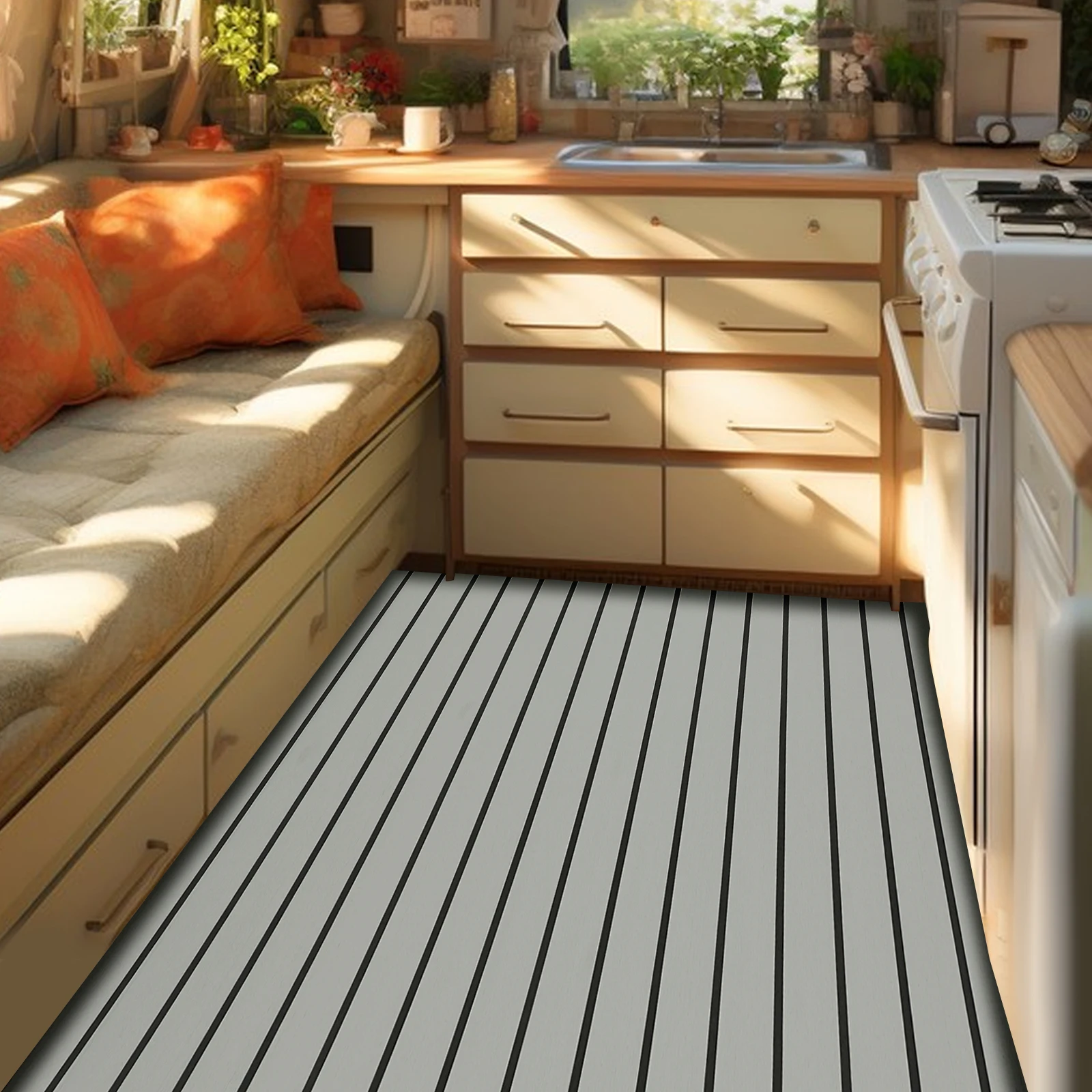 Teak-Bodenmatte Grau-Schwarz Gestreift Selbstklebende EVA-Schaumstoffmatte Rutschfeste Matte für Wohnmobile, Boote und Yachten Image