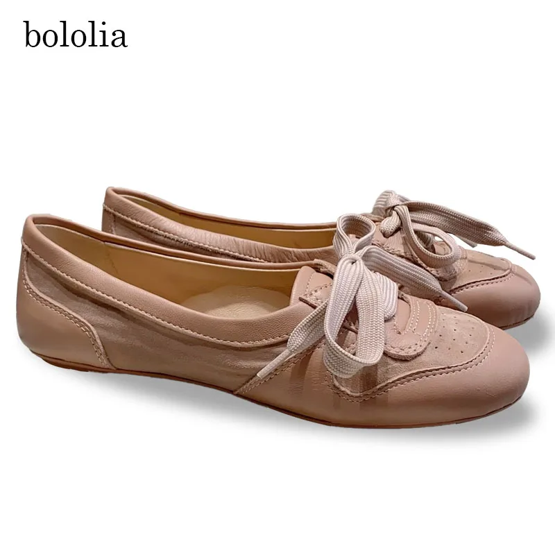 BOLOLIA Scarpe basse di alta qualità con design a punta tonda e lacci, in vera pelle, scarpe basse da donna alla moda per il tempo libero