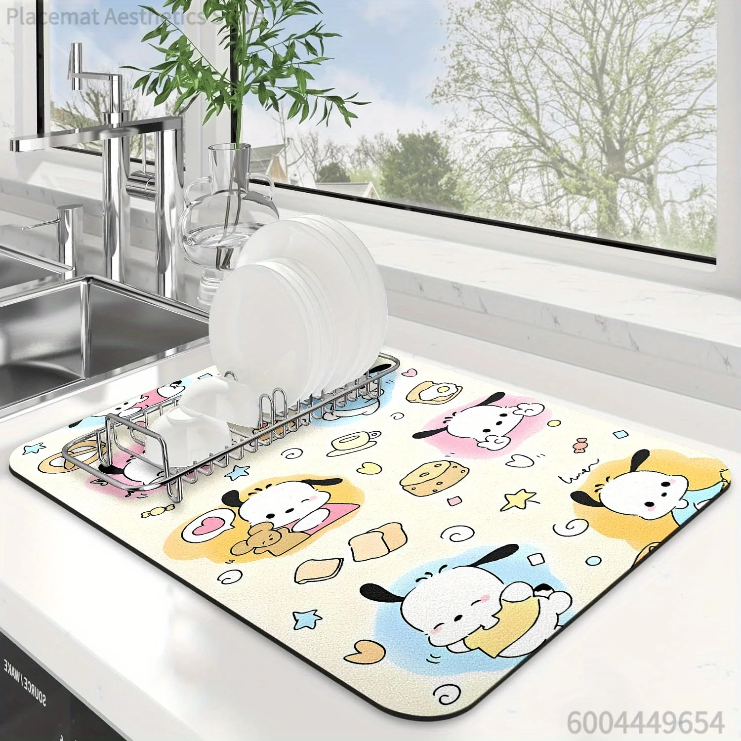 1 Stück Sanrio Pompompurin Trockenmatte in verschiedenen Größen – super saugfähig, schnell trocknend, rutschfeste Gummirückseite, leicht zu reinigende Geschirrunterlage, geeignet Image