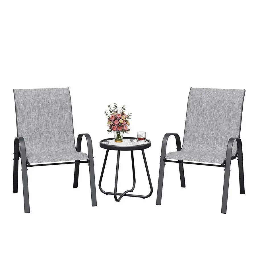 Outdoor Bistro Set, Garden Stackable Chairs and Table, 3 Piece Garden Furniture Sets for Balcony, Porch, Backyard, Gray