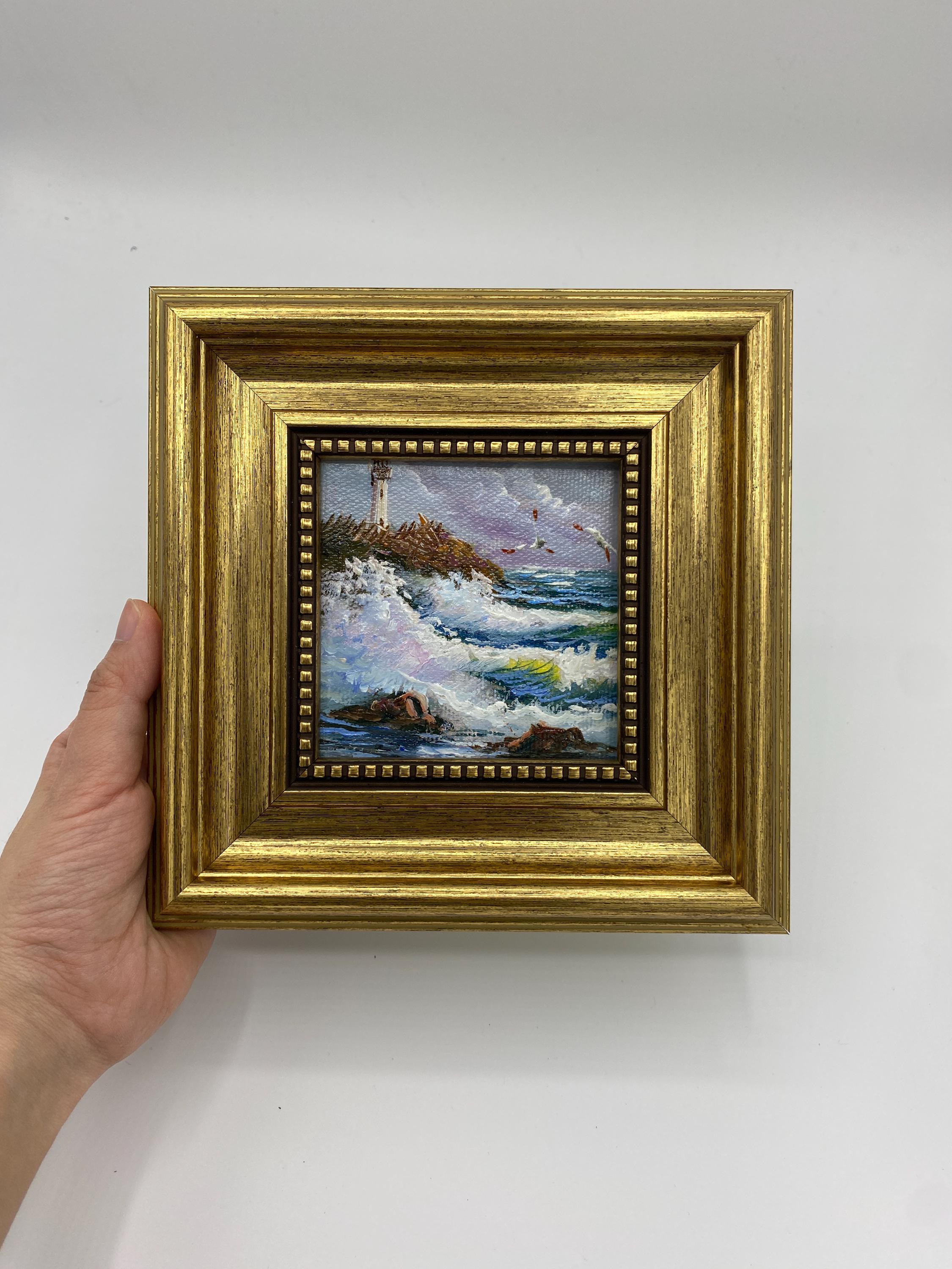 Dipinto ad olio originale, Onde costiere e faro, Quadro da parete, Paesaggio marino, Quadro incorniciato, Quadro su tela