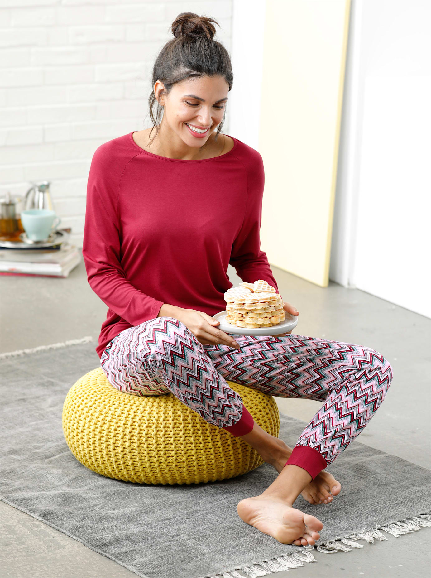 Schlafanzug WÄSCHEPUR, Damen, Gr. 48/50, rot (kirsche, gemustert), 95% Viskose, 5% Elasthan, Homewear-Sets Schlafanzug Image