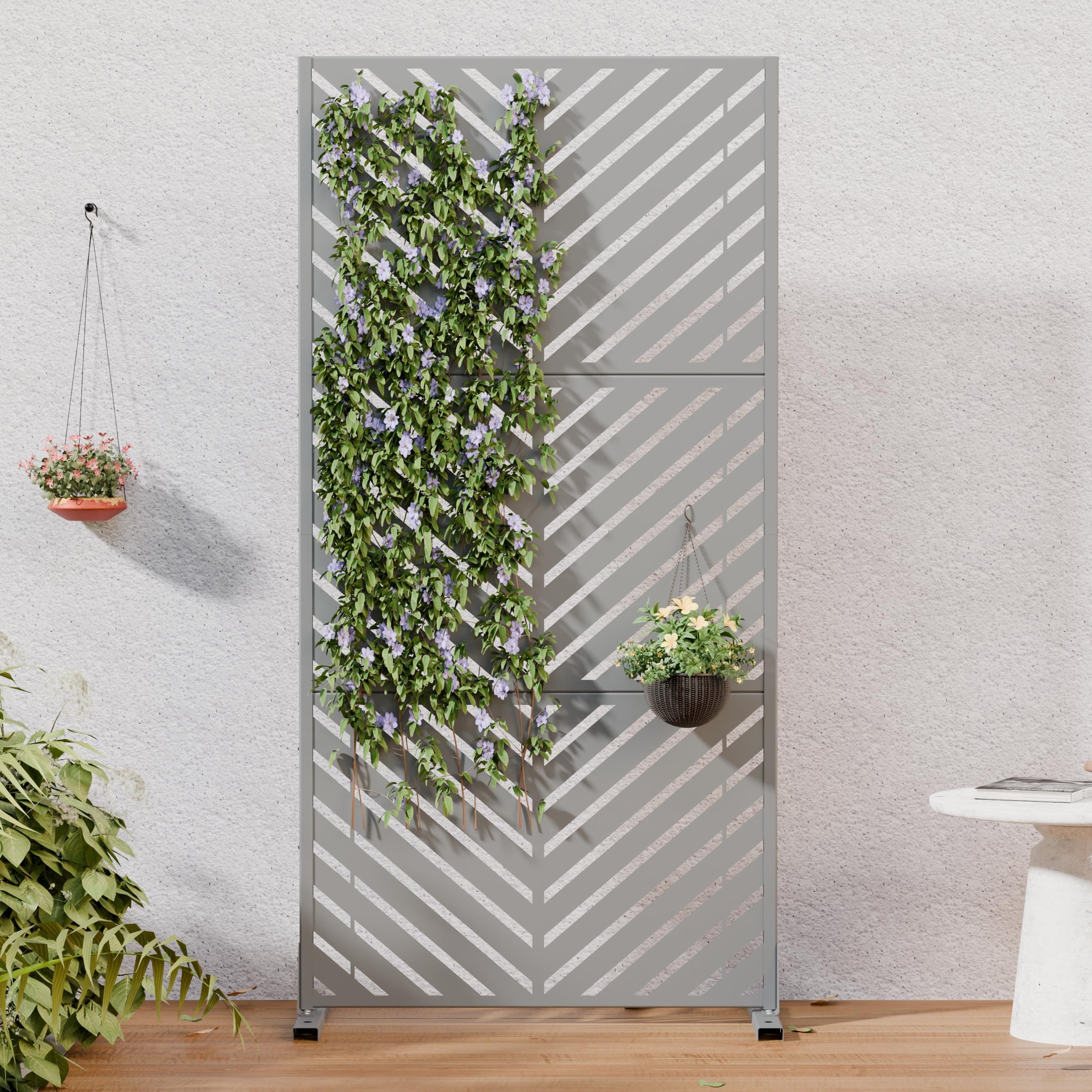 Outdoor Indoor Privacy Screen Freestanding Metal Privacy Fence with Stand Decorative V-Shaped Cutout Privacy Panel