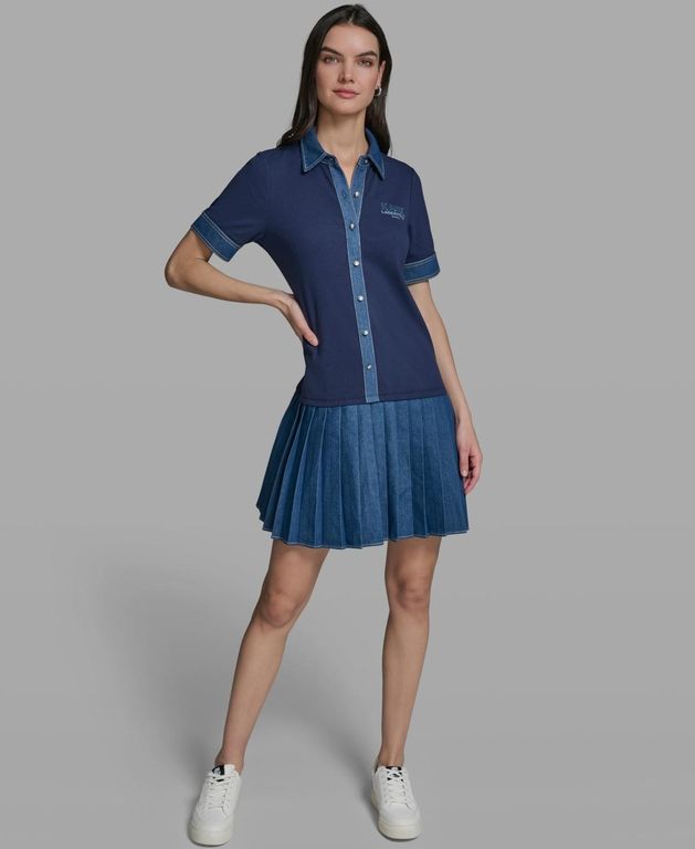 Short-sleeve Collared Knitted Polo Dress - Blue - Karl Lagerfeld Dresses