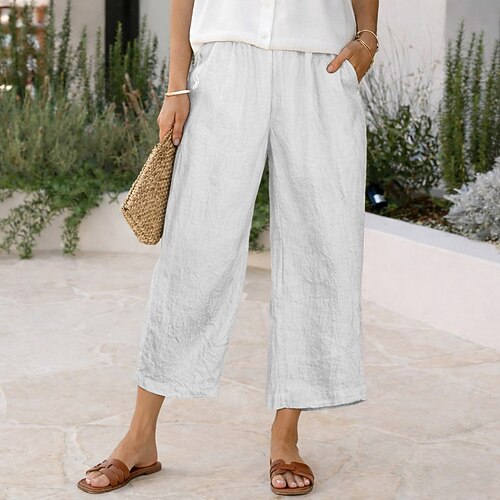 Damen Caprihose Kunstbaumwollleinen Hose Sommershorts Urlaub Mode Basic Volle Länge Hohe Taille Einfarbig Einfach Tasche Weites Bein Elastischer Bund Komfort Weich Atmungsaktiv Unelastisch Streetwear Image