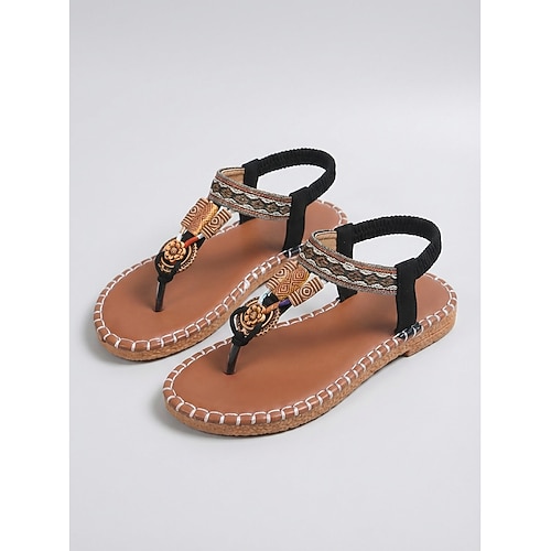 Schwarze, flache Boho-Sandalen für Damen – bequeme Riemchensandalen im Boho-Stil mit geflochtenen Details Knöchelriemen für Inselurlaube und Strandspaziergänge tropische Urlaubsziele Image