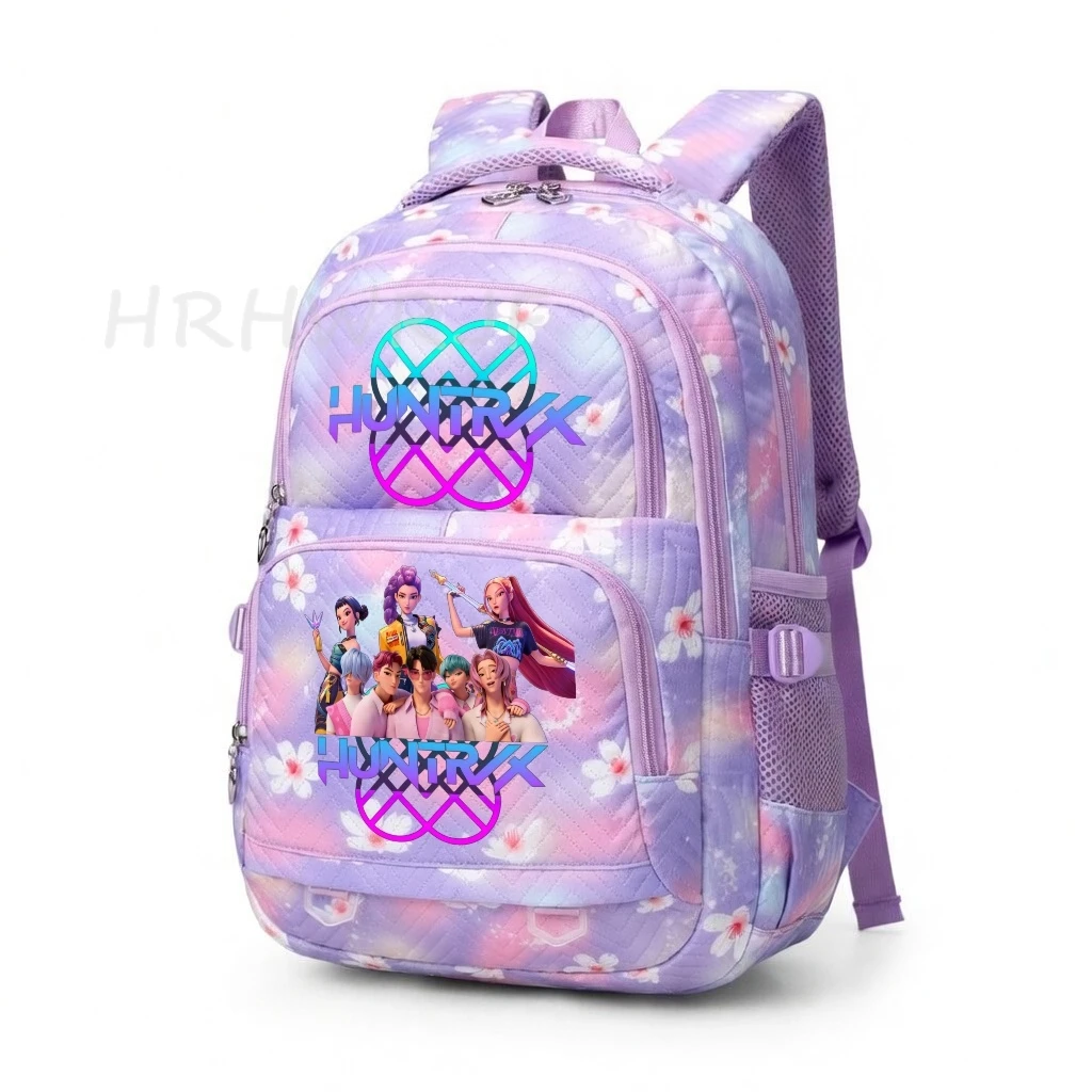 Sacs à dos K-POP Demon Hunters, imprimé fleurs violettes, Rumi Mira Zoey HUNTR/X Saja, sacs d'école pour garçons, sacs d'école de grande capacité pour adolescents, Mochila de voyage