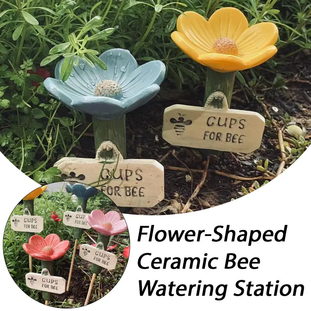 Flower-Shaped Ceramic Bee Watering Station Garden Outdoor Butterfly Feeder Insect Watering Bee Ladder Outdoor Yard Decoration