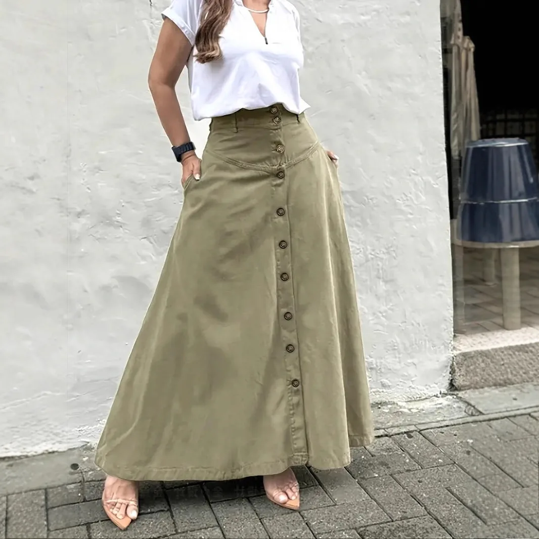 Gonne Lunghe da Donna alla Moda, Eleganti con Bottoni, Vita Alta, Tinta Unita, Linea ad A, Gonne Casual Larghe Plissettate, Nuova Collezione Donna 2026