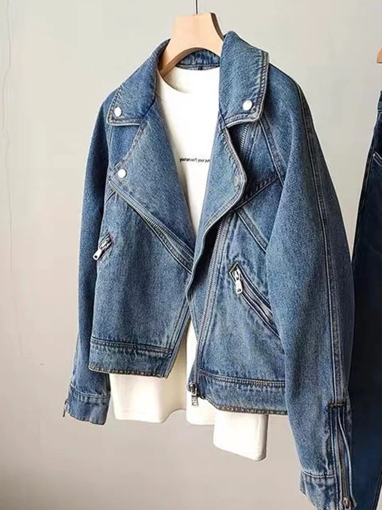 Giacca di jeans a maniche lunghe per donna Giacca di jeans con cerniera da motociclista Giacca di jeans femminile primavera autunno Capispalla da donna