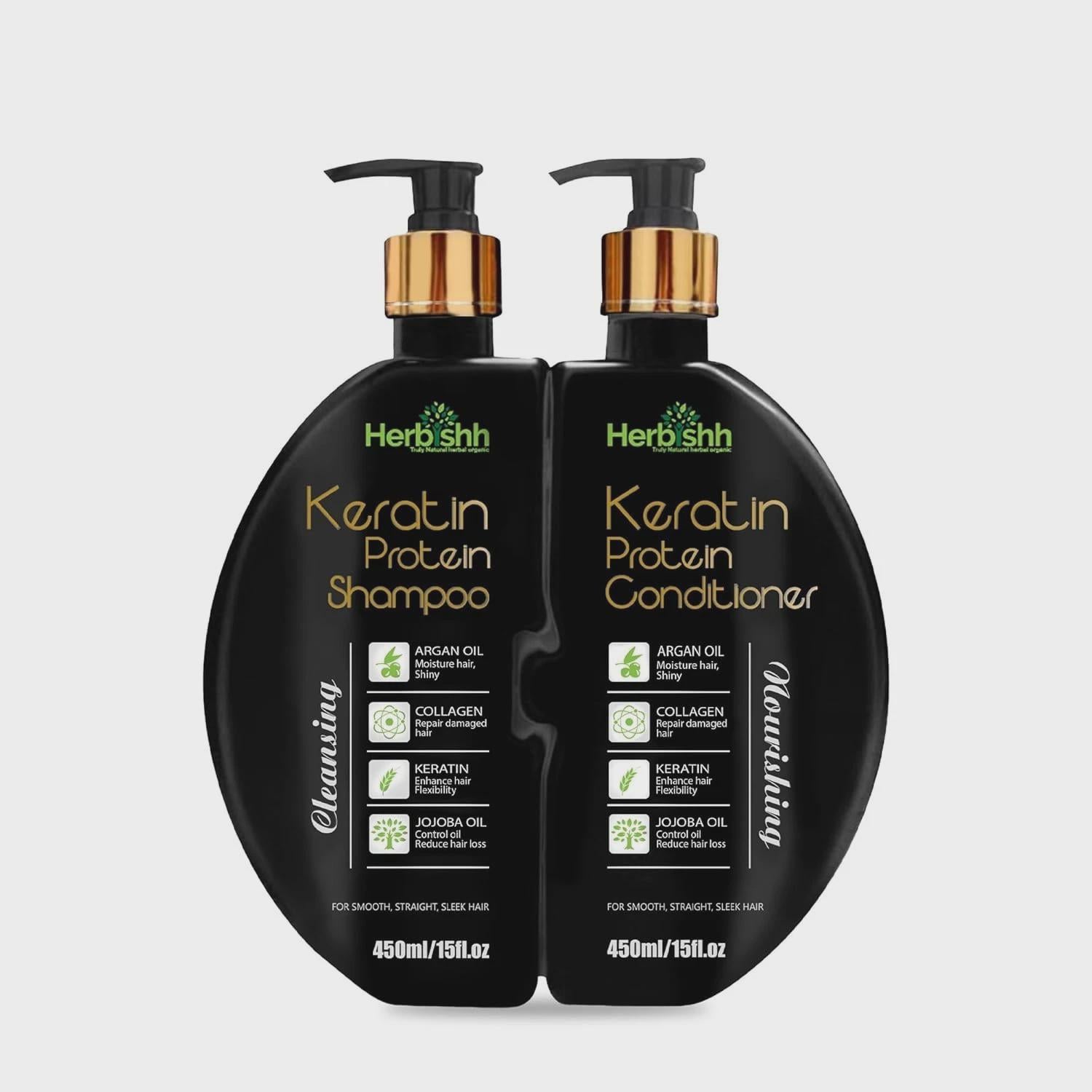 Set shampoo e balsamo Herbishh alla cheratina / Trattamento idratante anti-crespo per capelli (444 ml ciascuno)