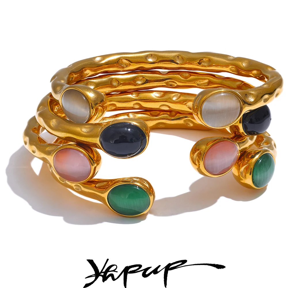Yhpup 62 mm hochwertiger Edelstahl, mehrfarbig, Naturstein, goldene Manschette, offenes Armband, Armreif, wasserabweisender Schmuck Image