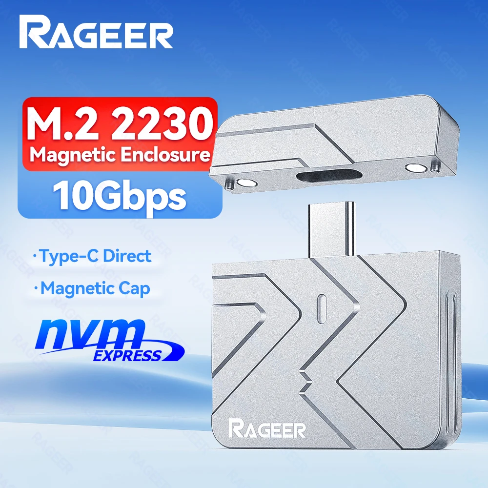 RAGEER 2230 M.2 NVMe SSD Plug-n-Play-Gehäuse – USB 3.2 (10 Gbit/s) Aluminiumgehäuse mit magnetischer Abdeckung, Typ-C-Anschluss, 9210-Chip Image