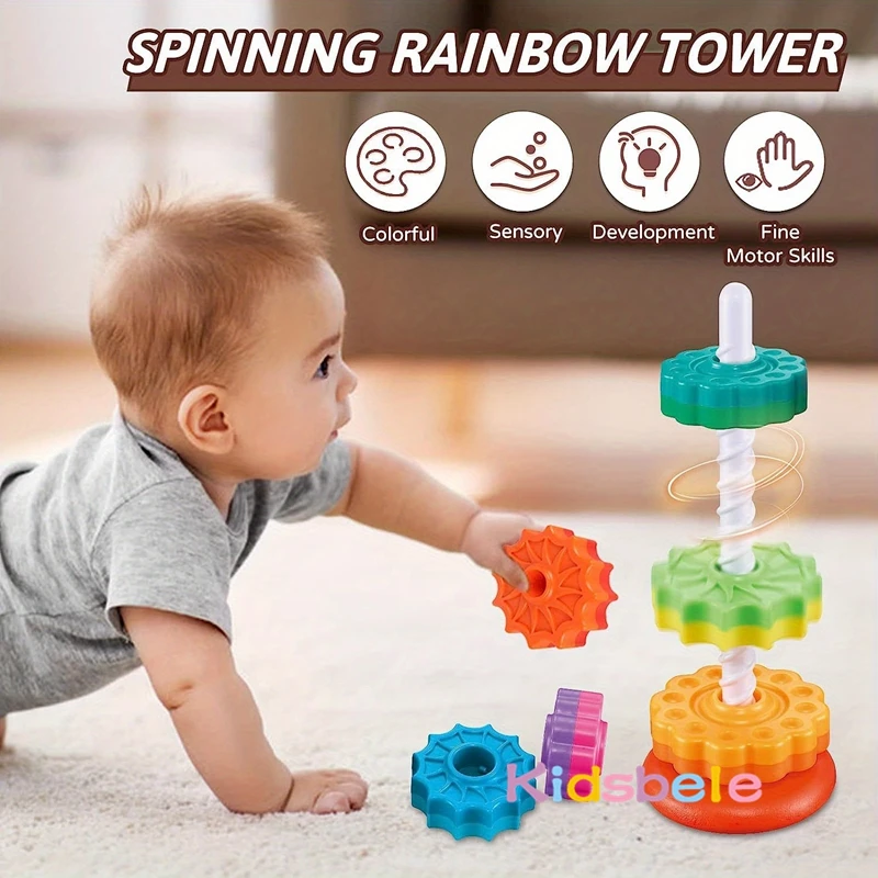 Baby Regenbogen Spinning Stapelspielzeug Spin Spielzeug Pädagogische Montessori und Farbe Regenbogen Design Ring Stapler Babyspielzeug