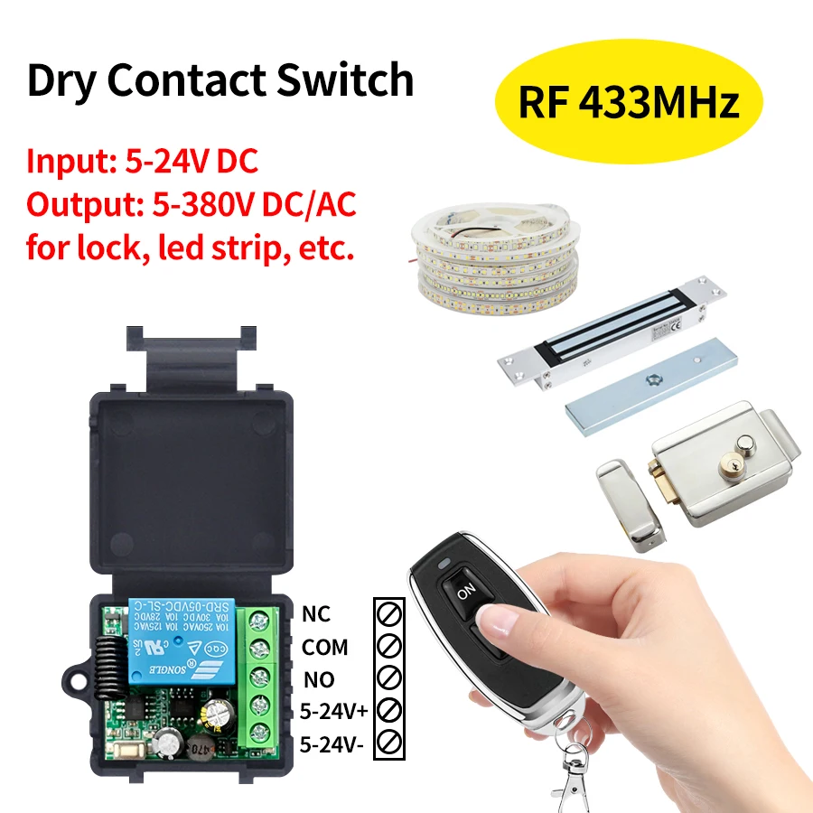 433 MHz Fernbedienung für elektronisches Türschloss, LED-Trockenkontakt-Schaltermodul, kabellose Zugangskontrolle, DC 5–24 V, 10 A, Relaisbrecher Image