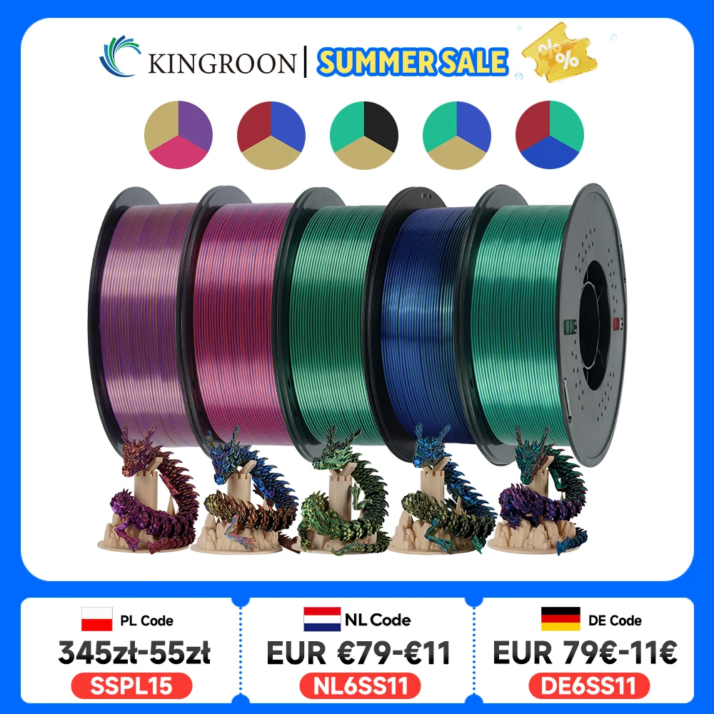 KINGROON 5 kg dreifarbiges Seiden-PLA-Filament 1,75 mm, dreifarbiges Coextrusions-3D-Druckmaterial, neuer Farbwechsel, 5 Rolle 1 kg/Spule Image
