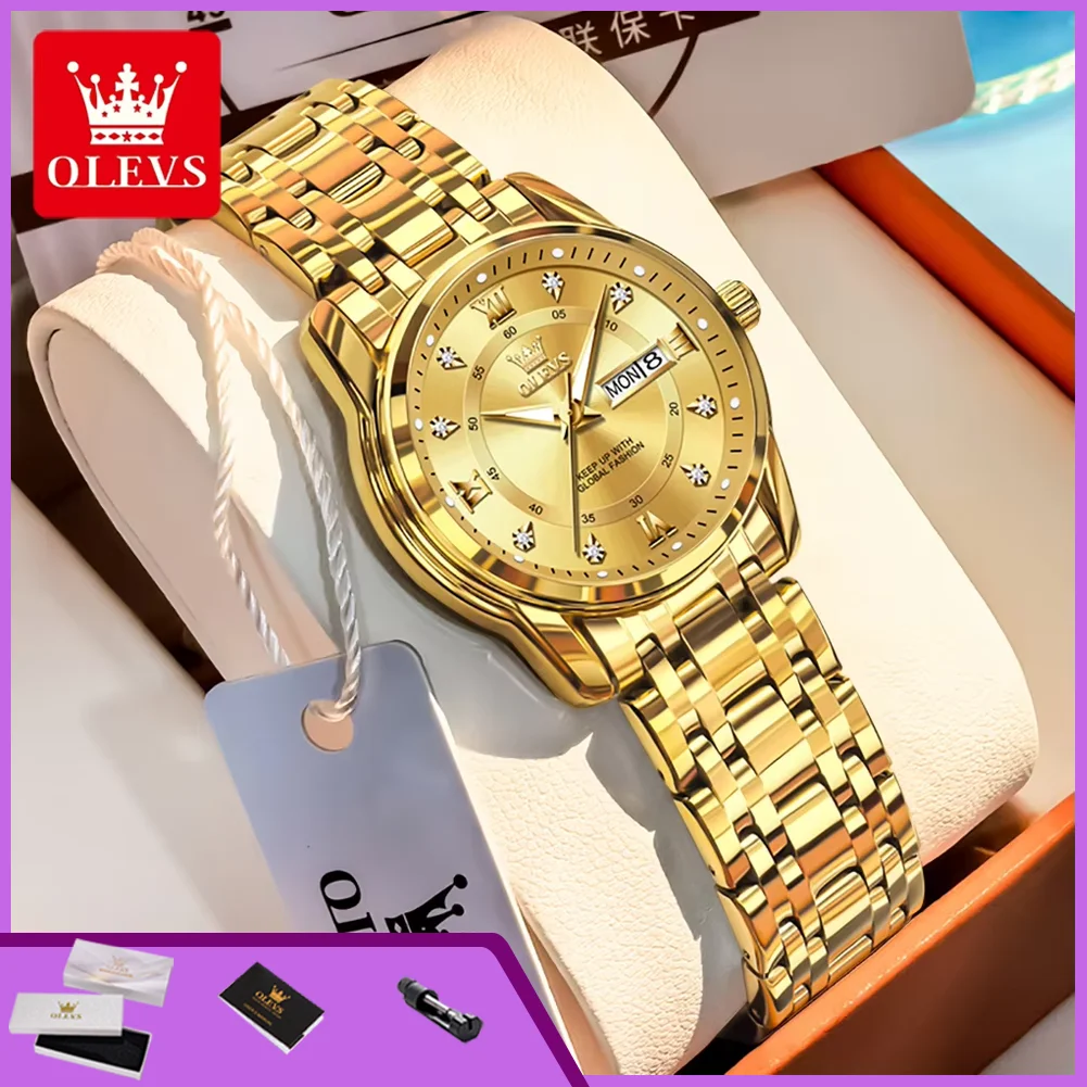 OLEVS 5513 Damenuhr Luxus Diamantskala Doppelkalender Edelstahlarmband Wasserdichte Uhren Elegante Damen-Armbanduhren
